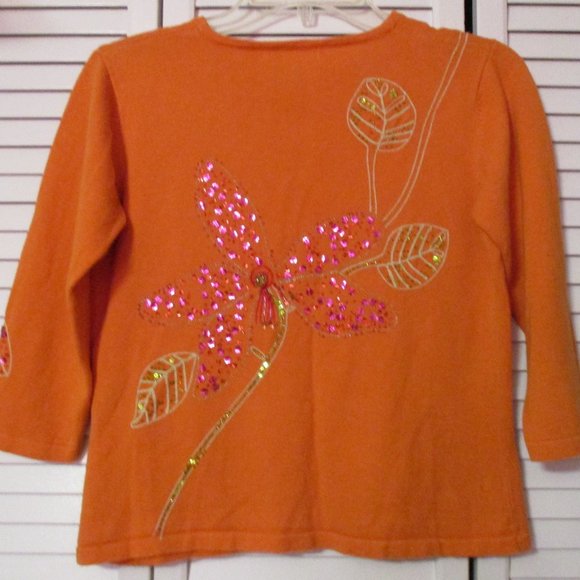 Central Falls Women's Orange Cardigan Sweater Embellished w/Flowers & Ants - Picture 2 of 8